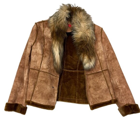 Anne Klein Women's Faux Fur Collar Suede Jacket Size Large Brown Tan - Picture 1 of 7